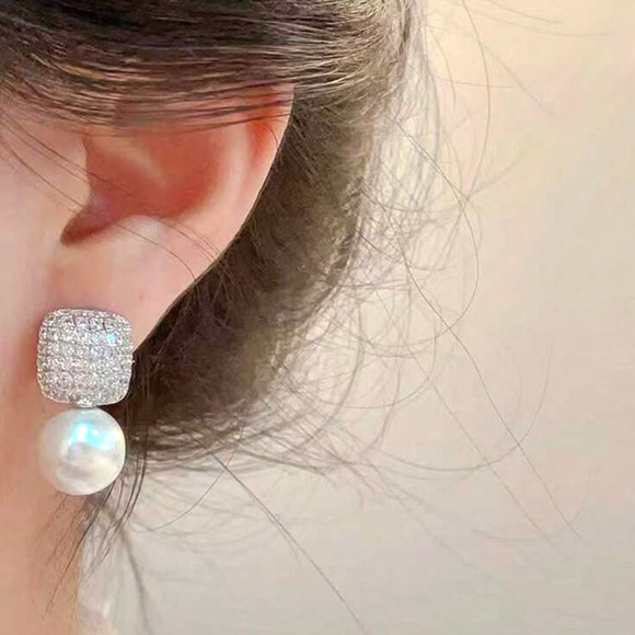 Cubic Zirconia Pearl Dangle Earrings - Picture 3 of 6